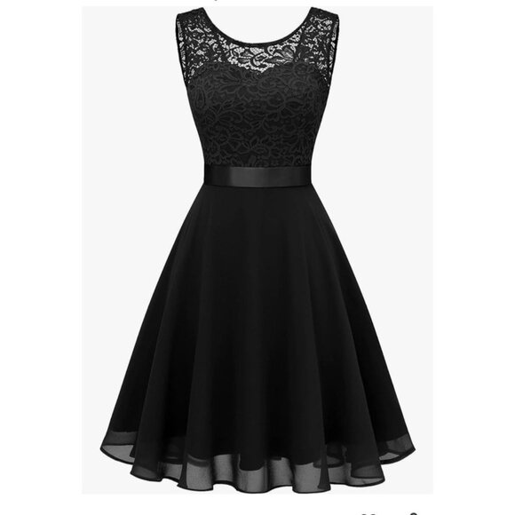 Womens XL Elegant Black Lace Cocktail Party Dress Satin Bow & Mesh Skirt A-Line - Picture 3 of 13